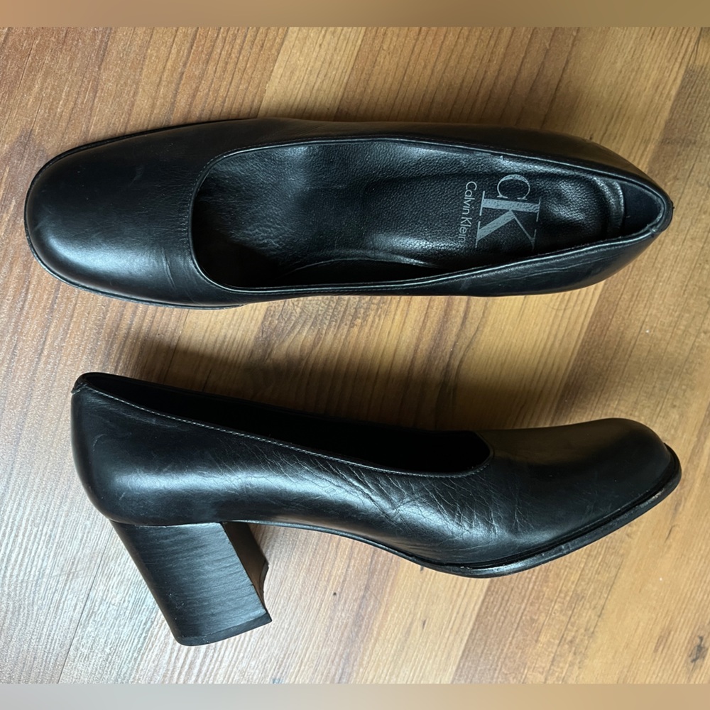 Vintage Calvin Klein Black Leather Chunky Heeled Pumps